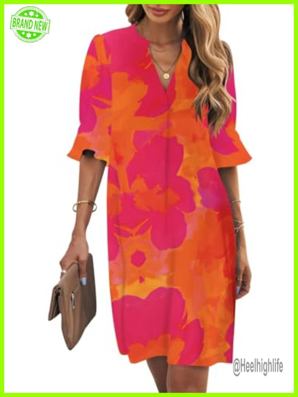 Ruffle V Neck Shift Dress Short Sleeve Knee Length Summer